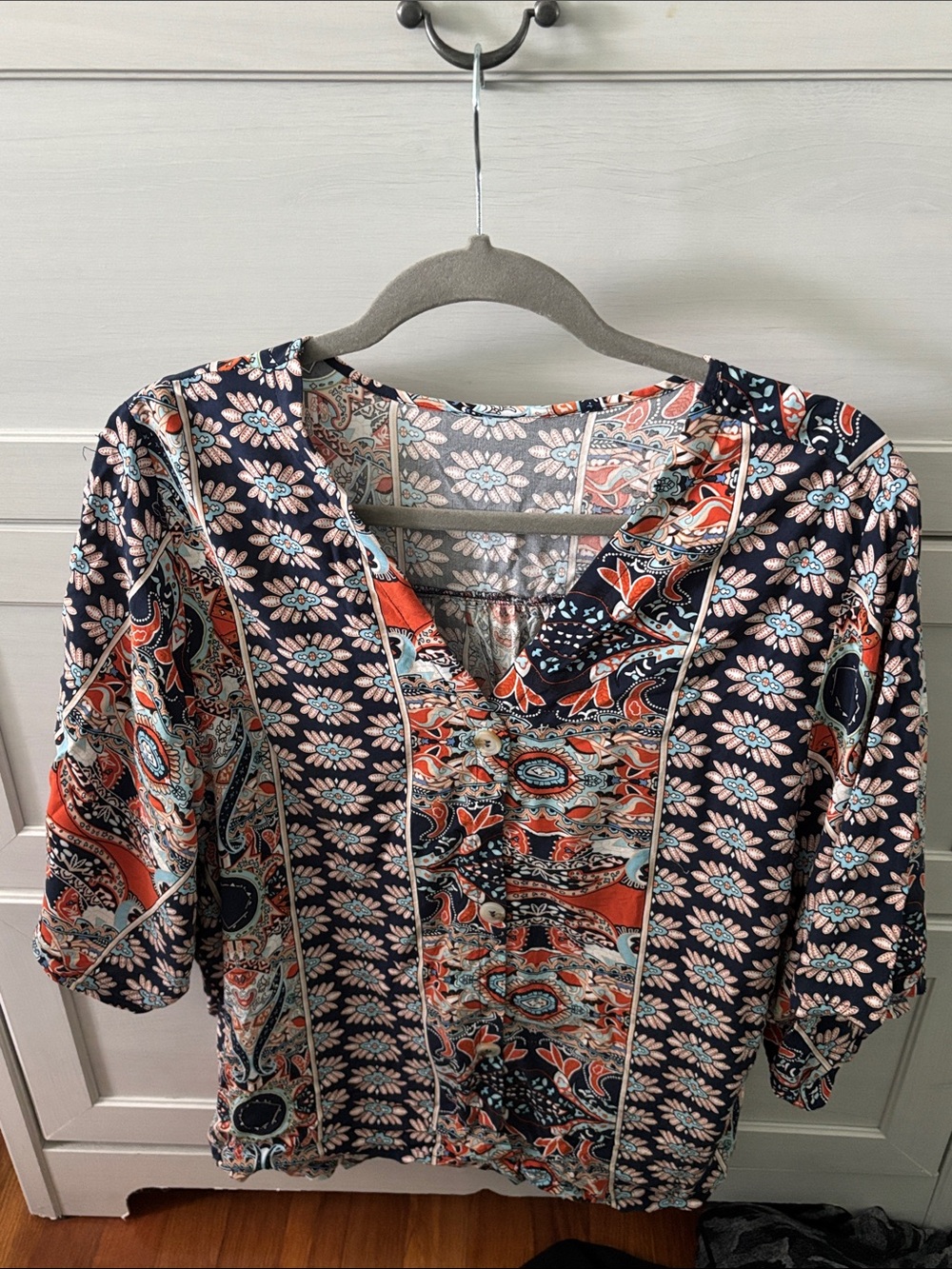 SHEIN Navy and Coral Paisley Floral V-Neck Tunic